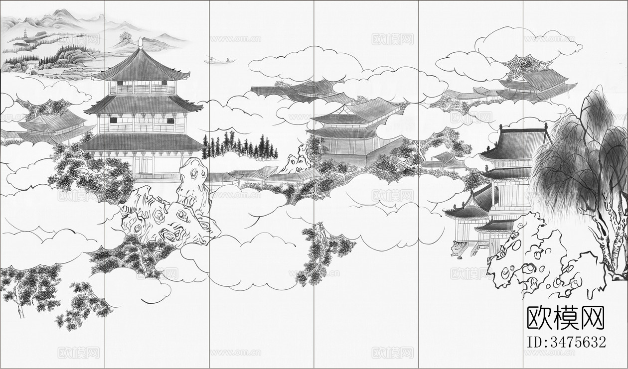 新中式建筑壁画硬包贴图下载