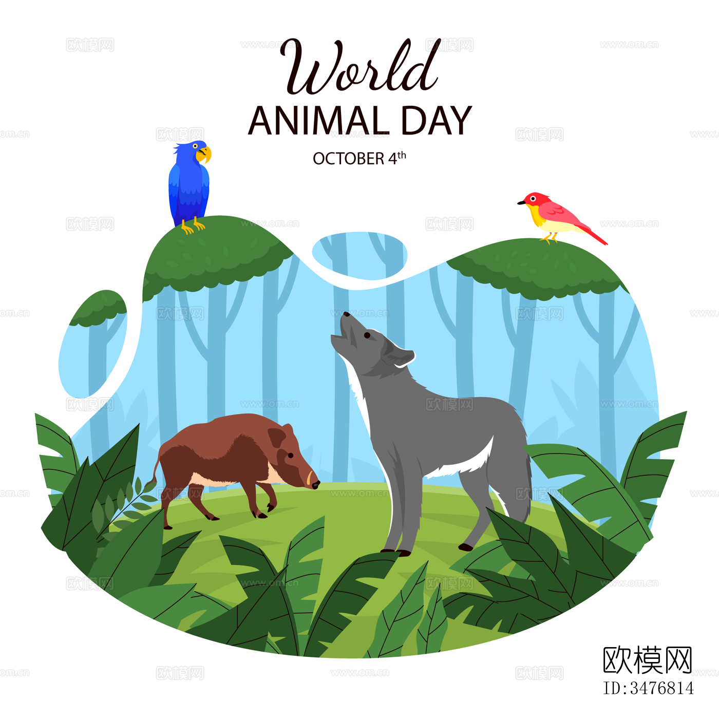 可爱儿童卡通森林动物狮子老虎长颈鹿插画海报图案下载