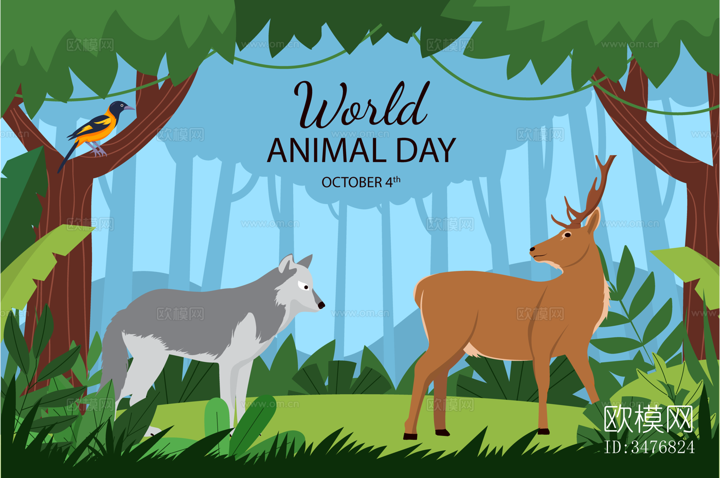 可爱儿童卡通森林动物狮子老虎长颈鹿插画海报图案下载