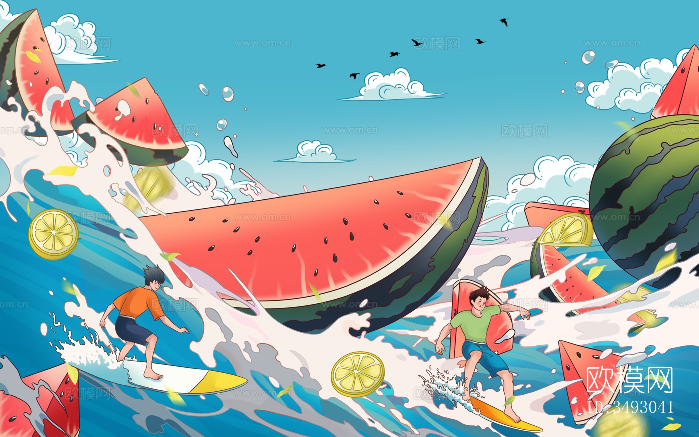 儿童卡通抽象西瓜海洋壁纸壁画