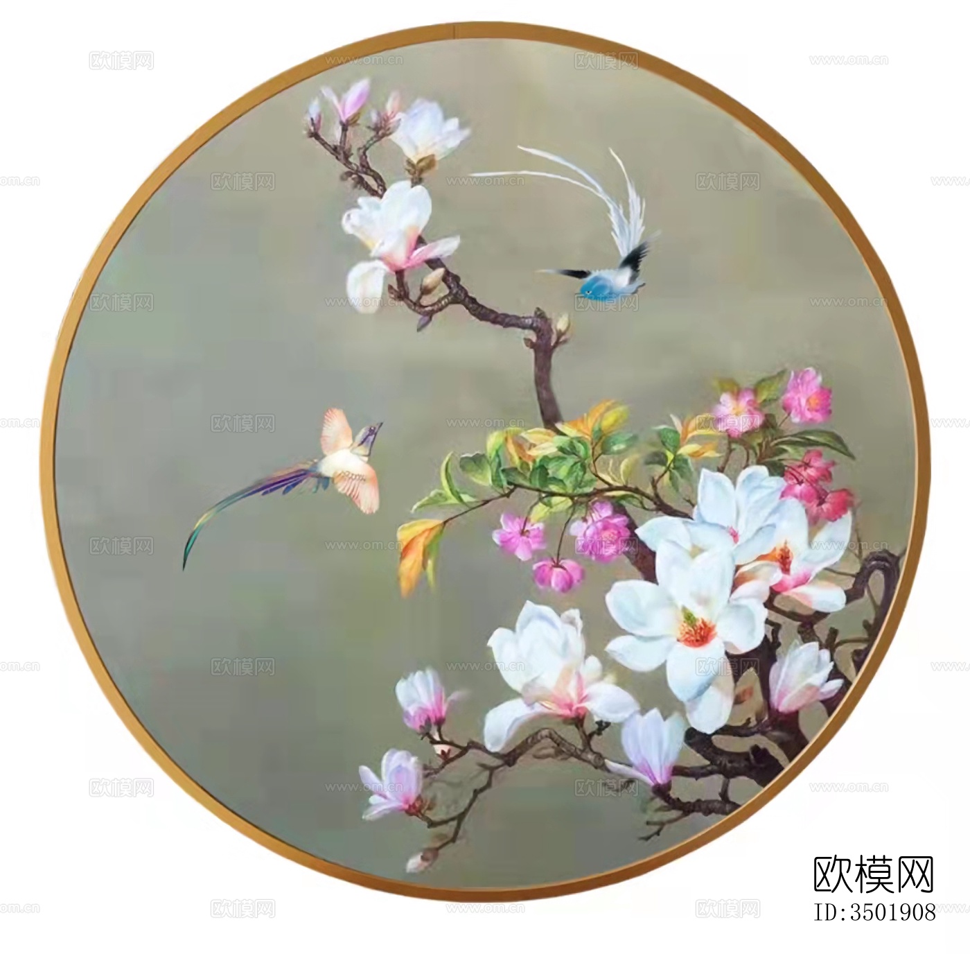 新中式圆形花鸟装饰画下载