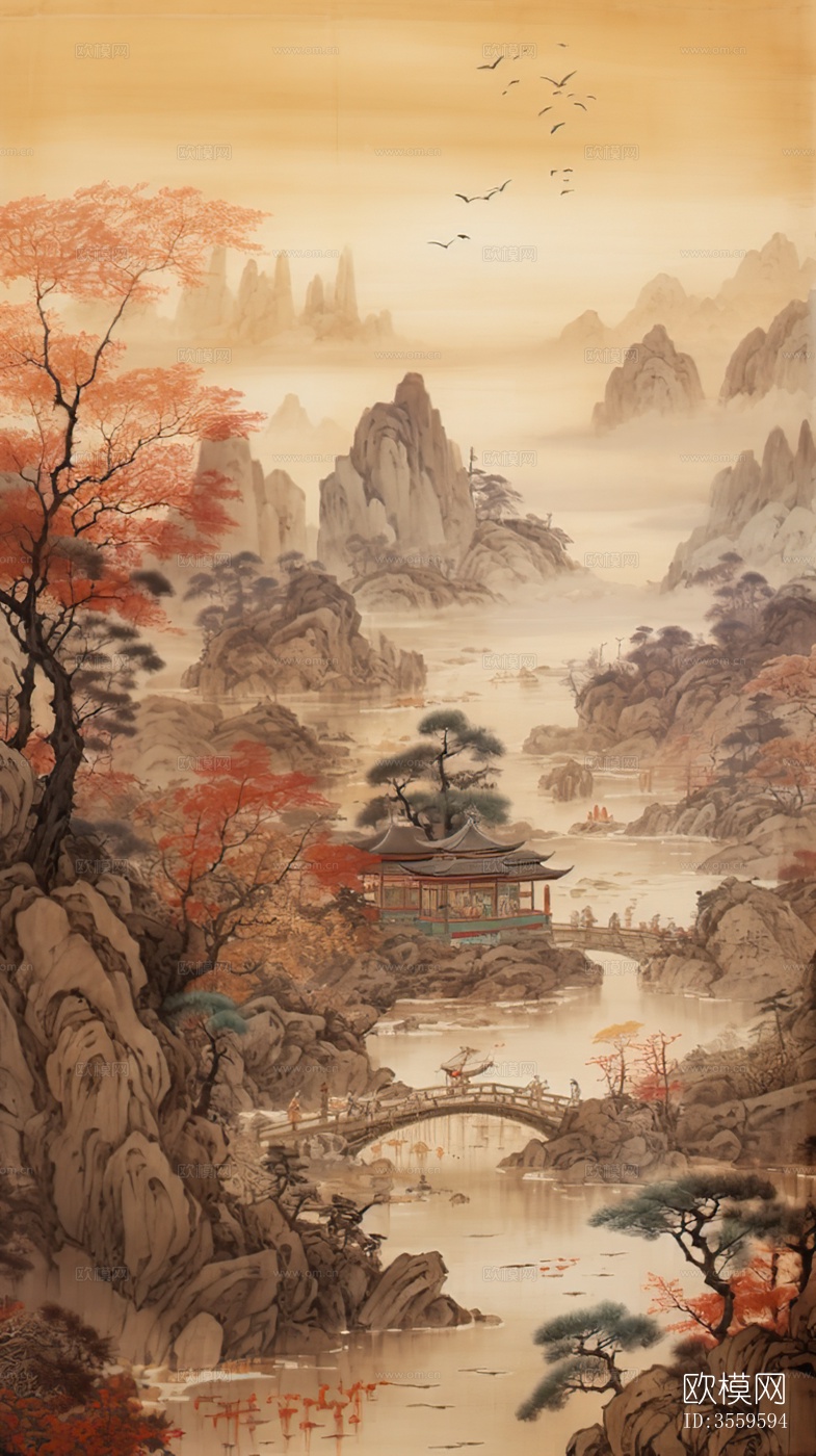 中式山水挂画贴图下载