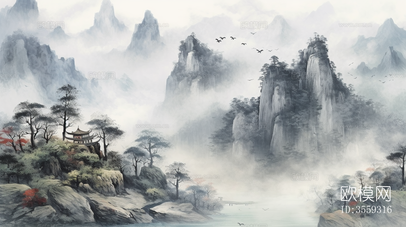 新中式水墨山水画_壁画_壁纸_装饰画贴图下载