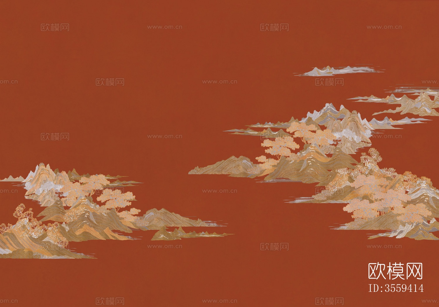 新中式背景墙壁画_中国红贴图下载