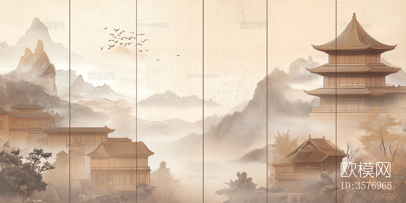 新中式禅意山水中式建筑壁画硬包背景下载