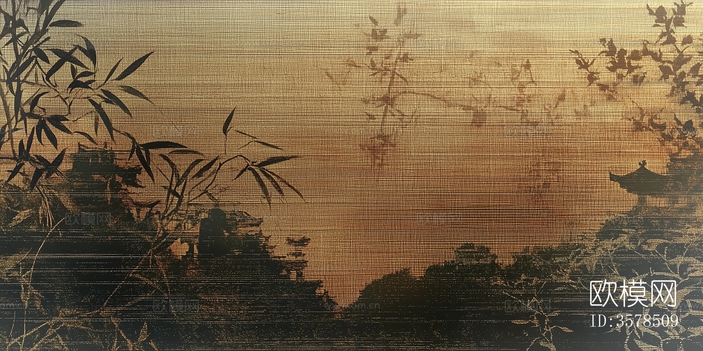 新中式中古抽象植物图案壁纸壁画下载