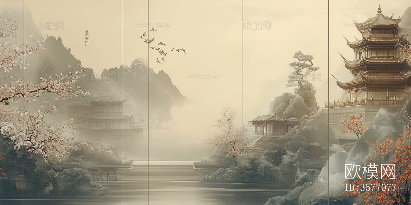 新中式水墨山水壁画下载