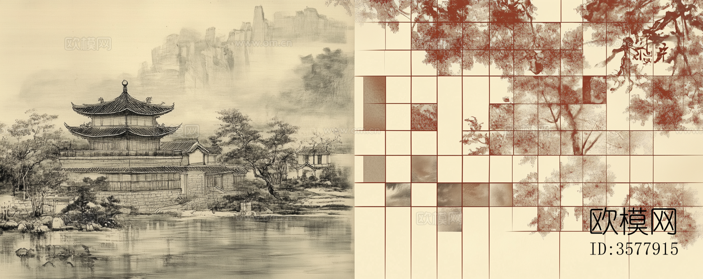 新中式梅花树枝禅意壁画挂画下载