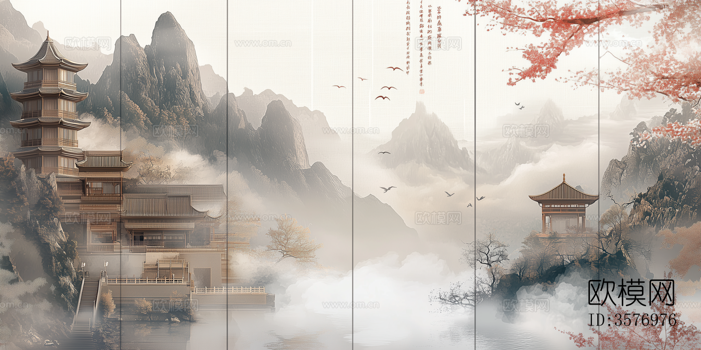 新中式禅意山水中式建筑壁画硬包背景下载