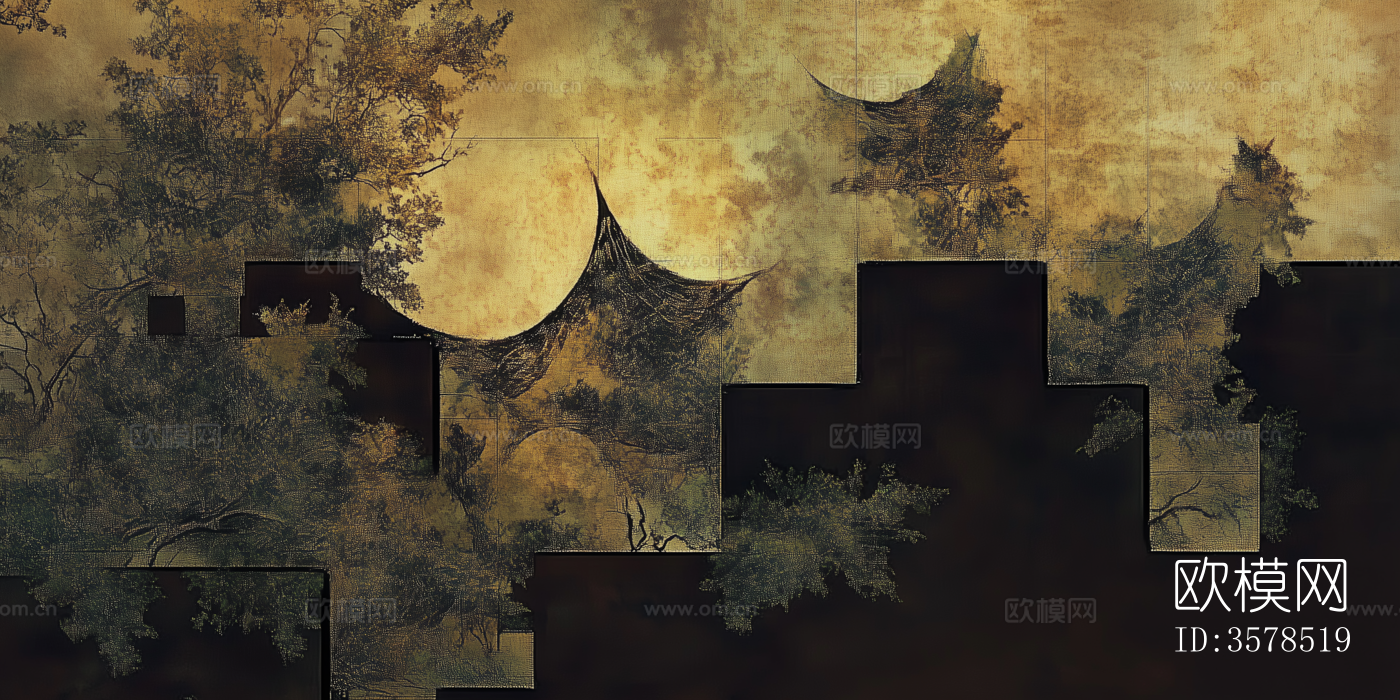 新中式中古复古抽象植物图案壁纸壁画下载