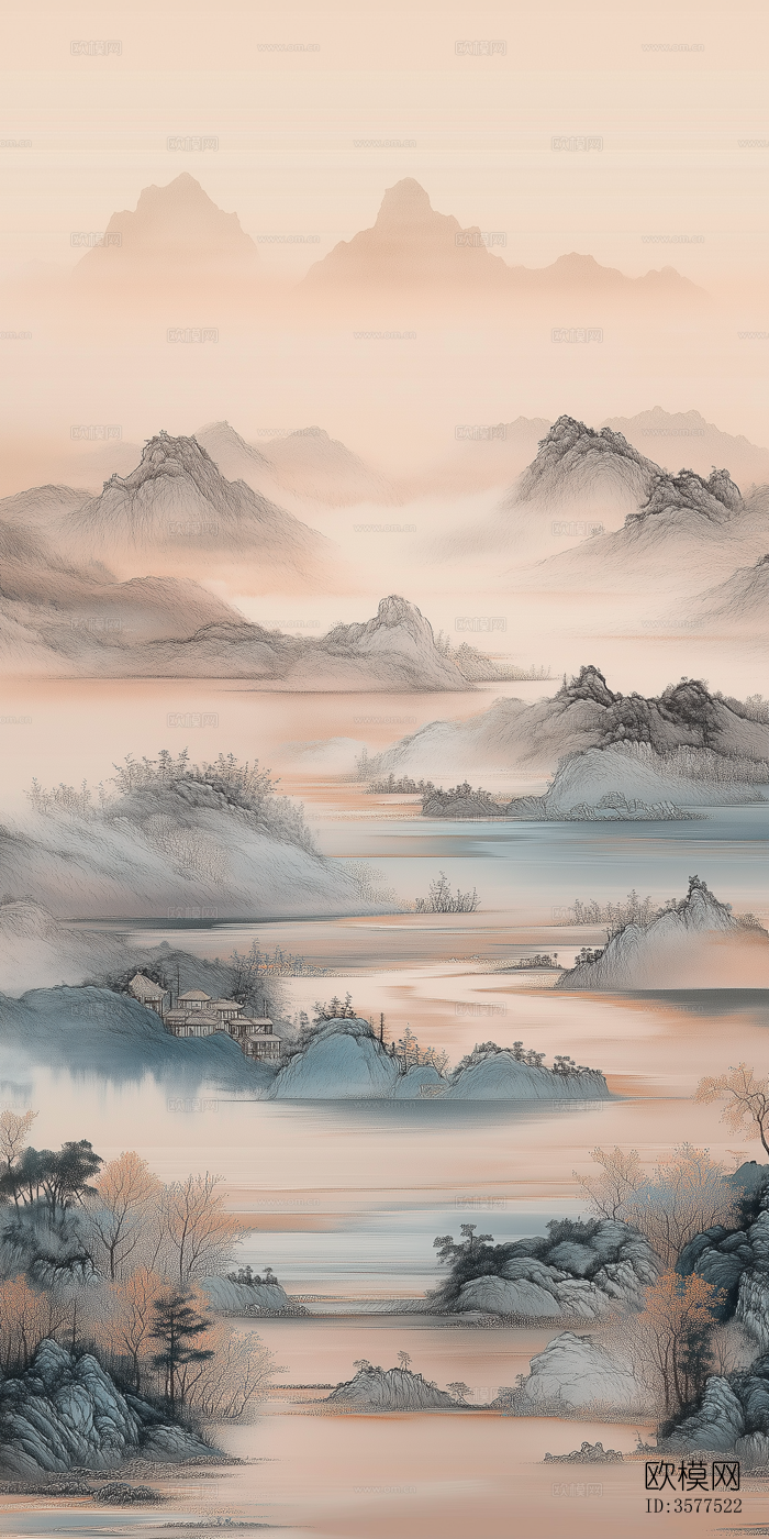 新中式山水壁画挂画下载