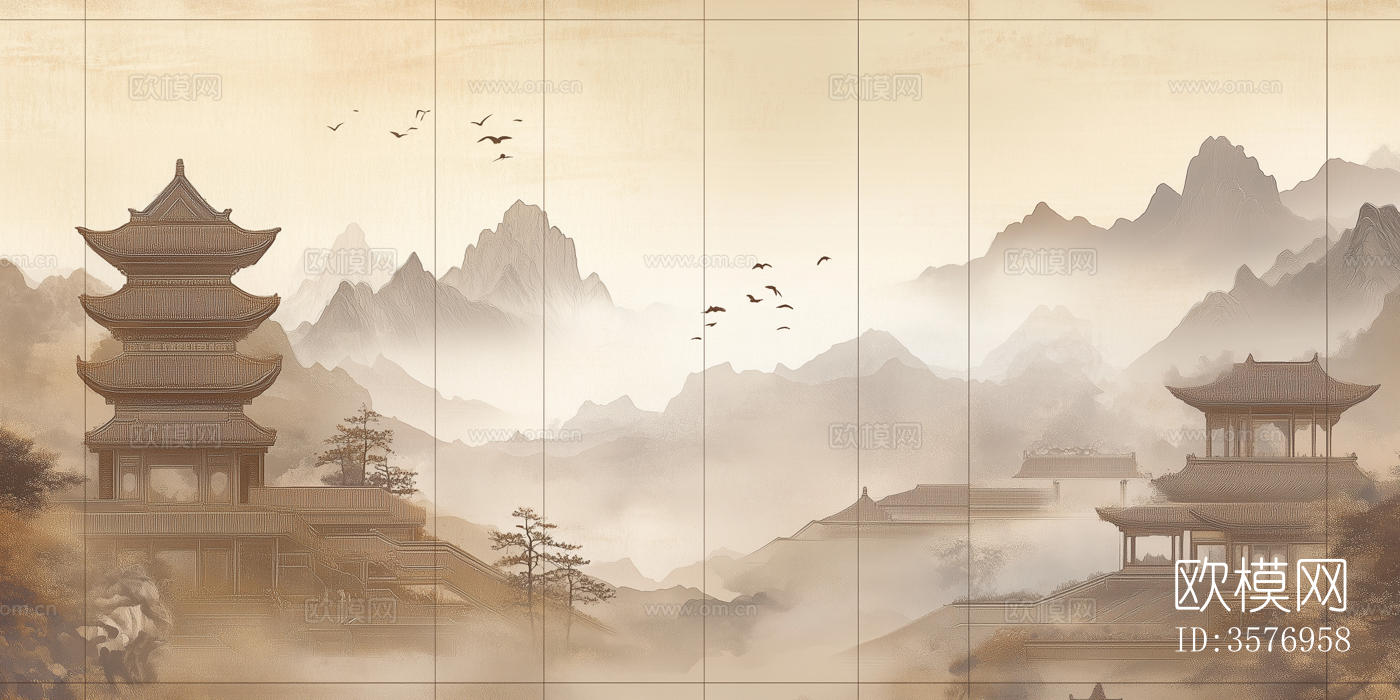 新中式禅意山水中式建筑壁画硬包背景下载