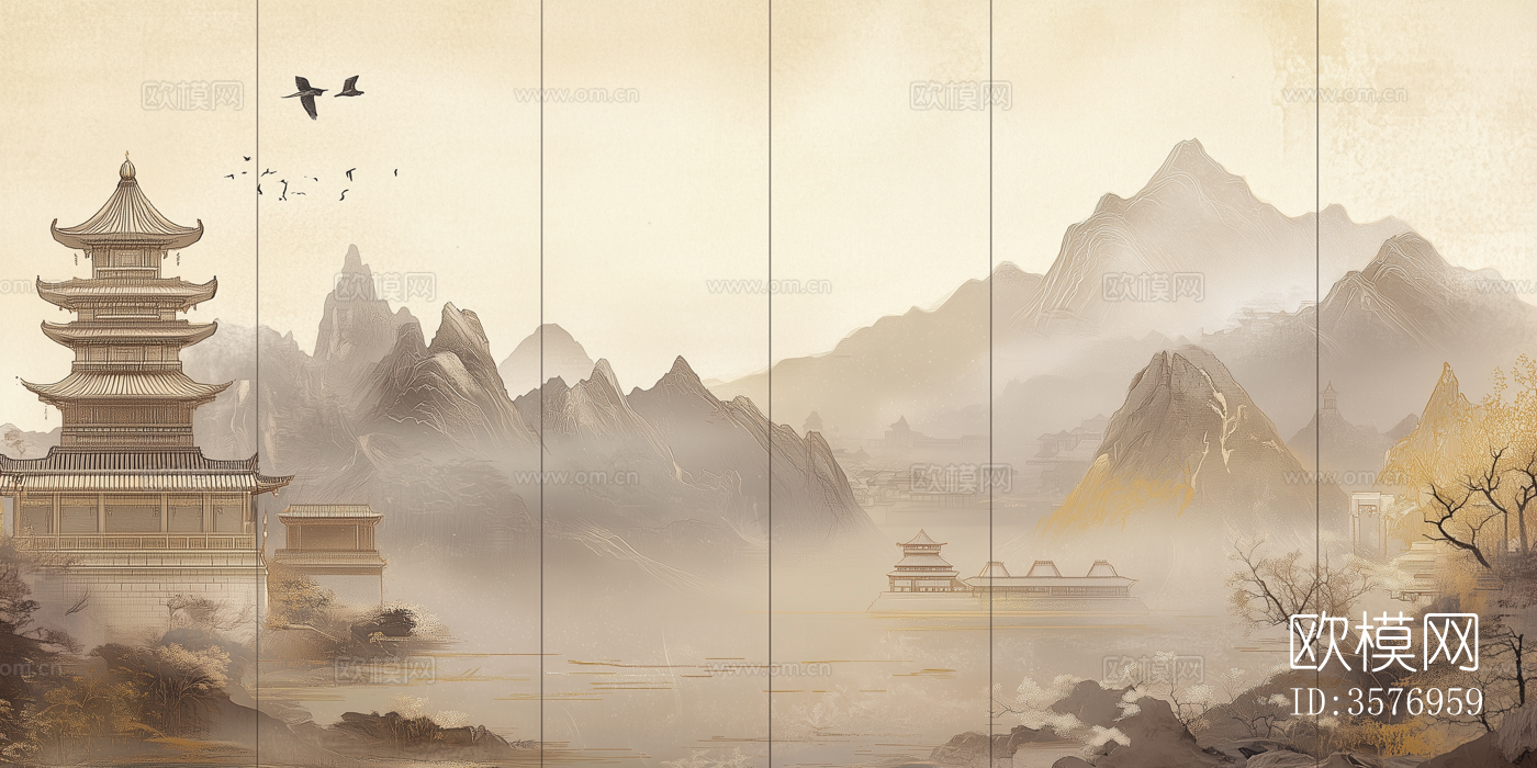 新中式禅意山水中式建筑壁画硬包背景下载
