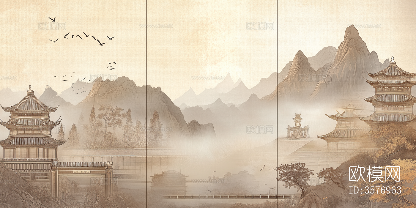 新中式禅意山水中式建筑壁画硬包背景下载