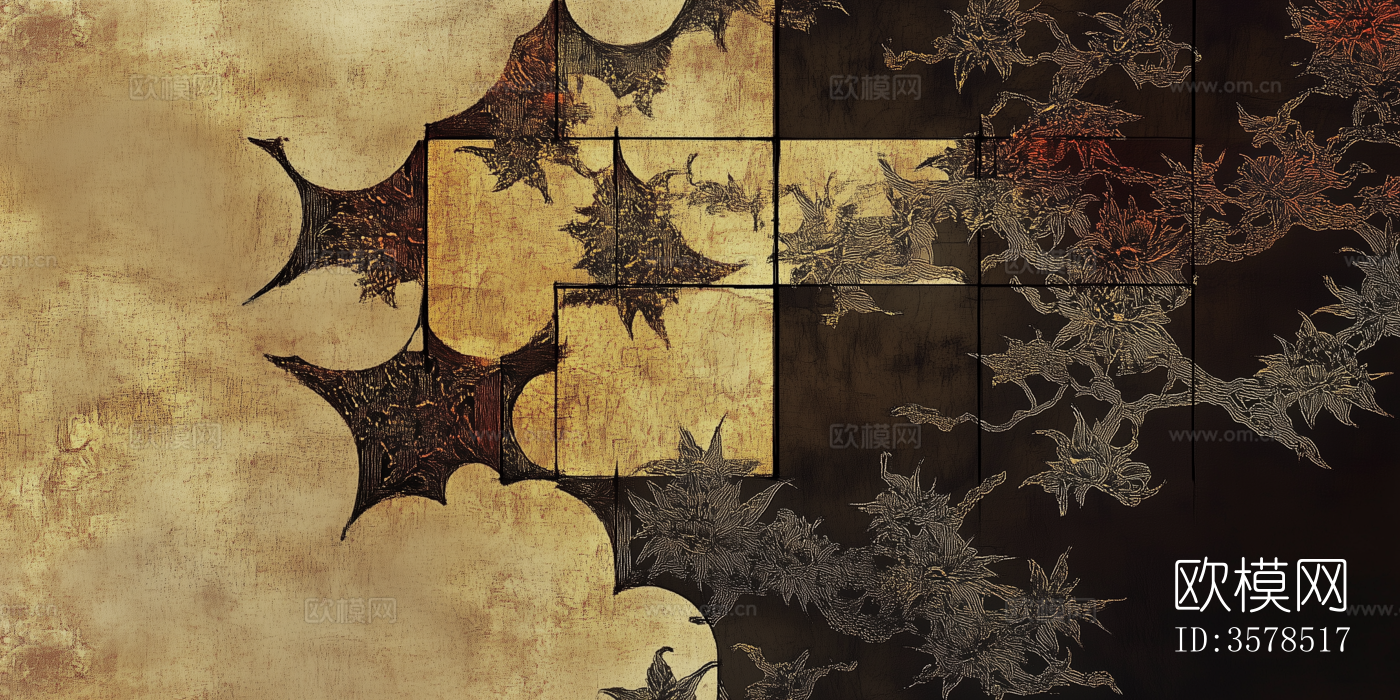 新中式中古复古抽象植物图案壁纸壁画下载