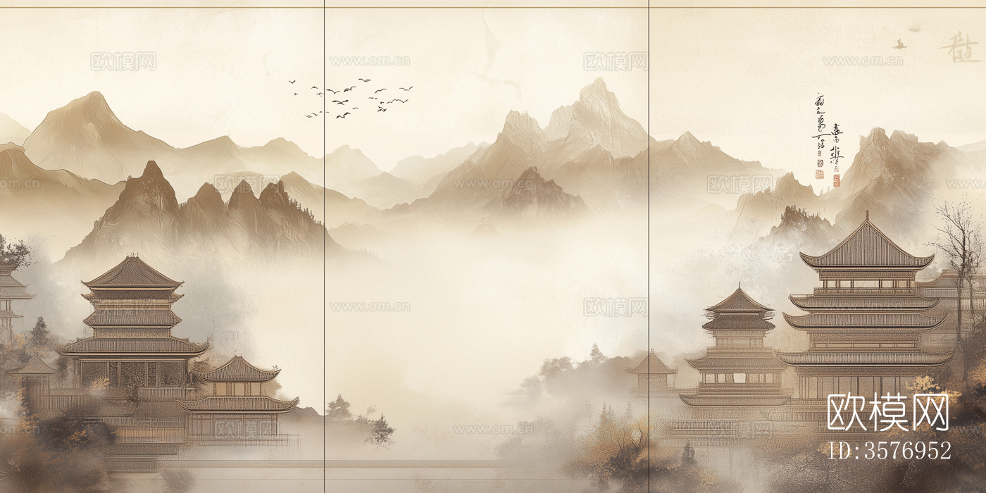 新中式禅意山水中式建筑壁画硬包背景下载