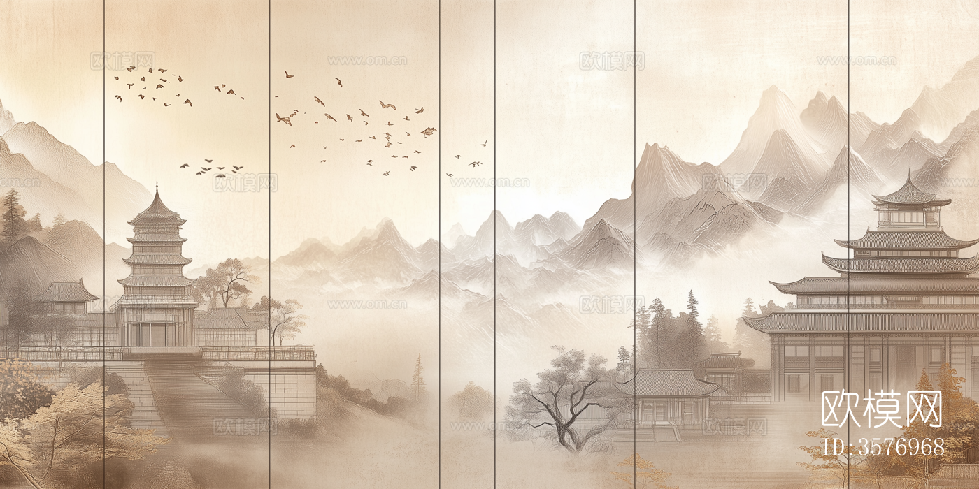 新中式禅意山水中式建筑壁画硬包背景下载