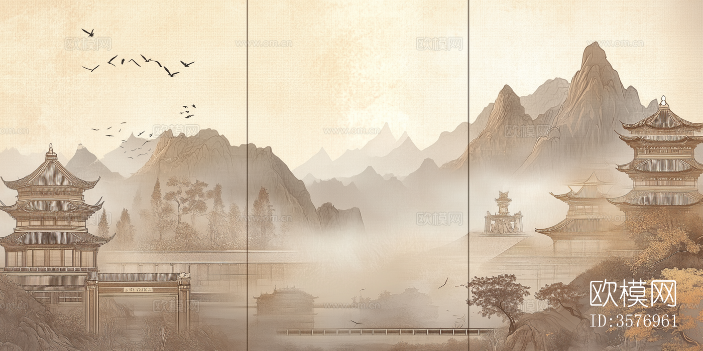 新中式禅意山水中式建筑壁画硬包背景下载