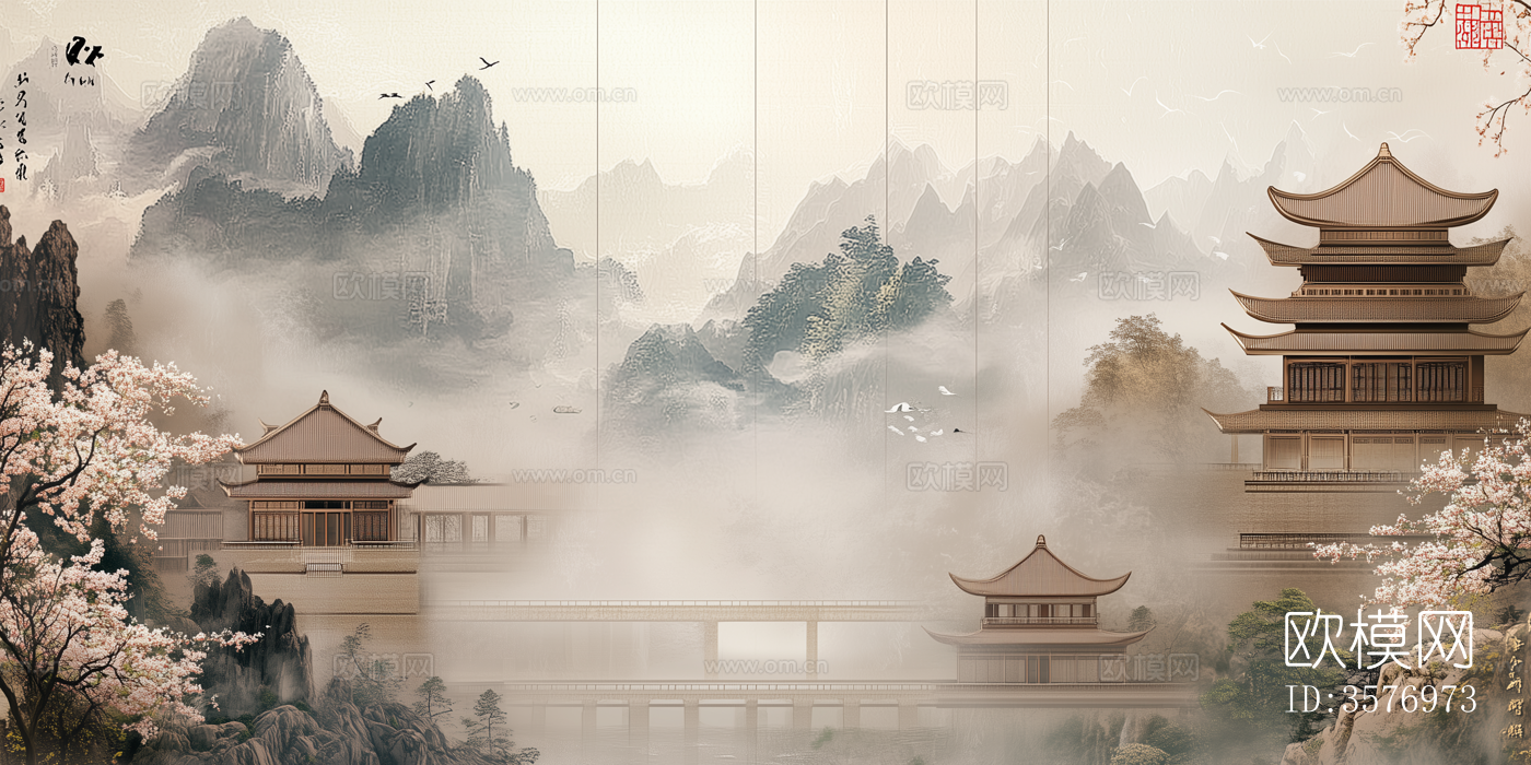 新中式禅意山水中式建筑壁画硬包背景下载