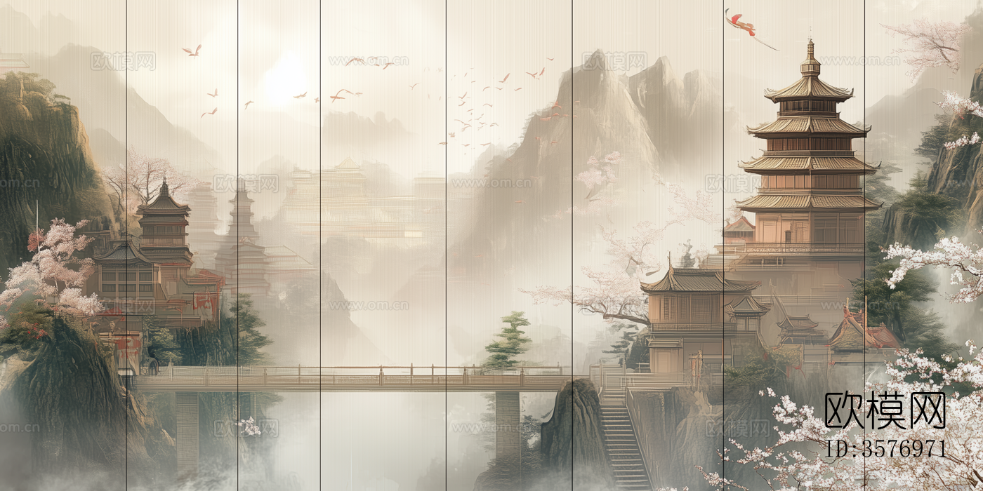 新中式禅意山水中式建筑壁画硬包背景下载