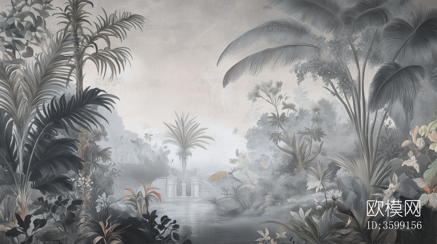 法式美式中古复古热带雨林花鸟壁画下载
