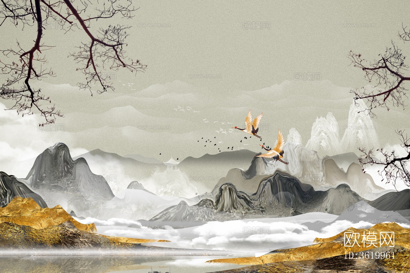 灰色鎏金山水壁纸下载