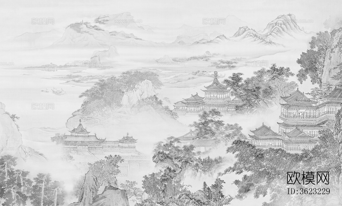 新中式山水阁楼壁画下载