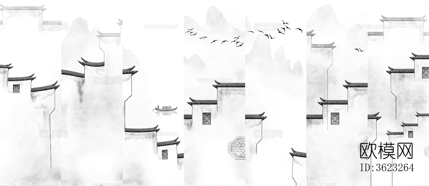 中式印花壁画贴图 中式水墨画壁纸 山水画壁画下载