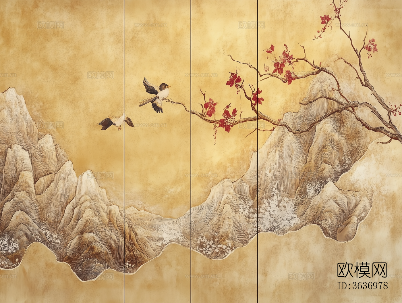 新中式花鸟壁画下载