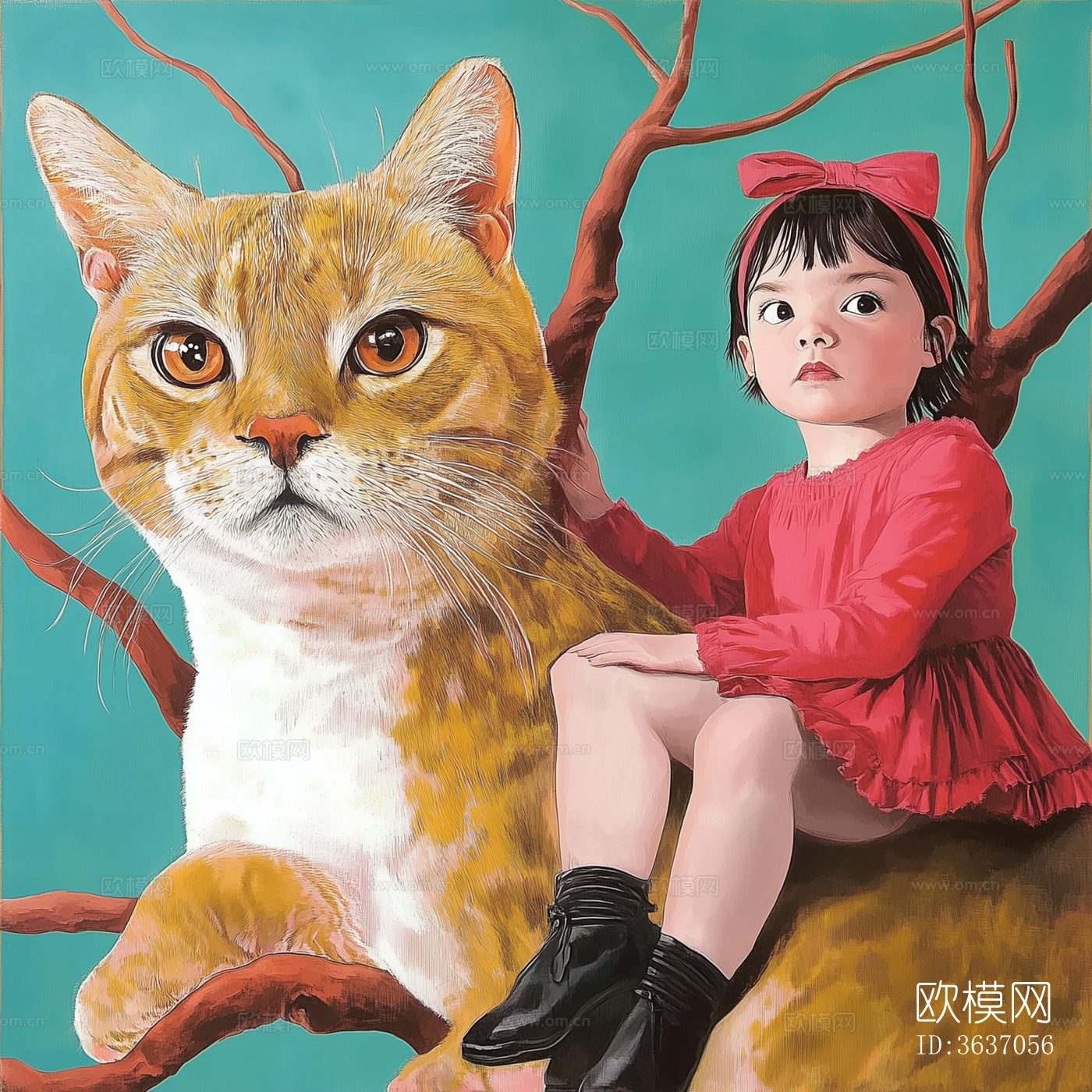 猫与女孩 儿童画