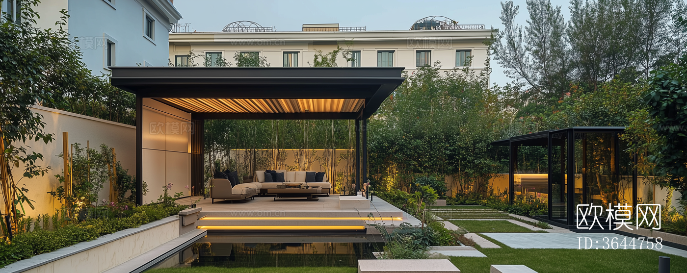 现代黄昏别墅庭院外景下载