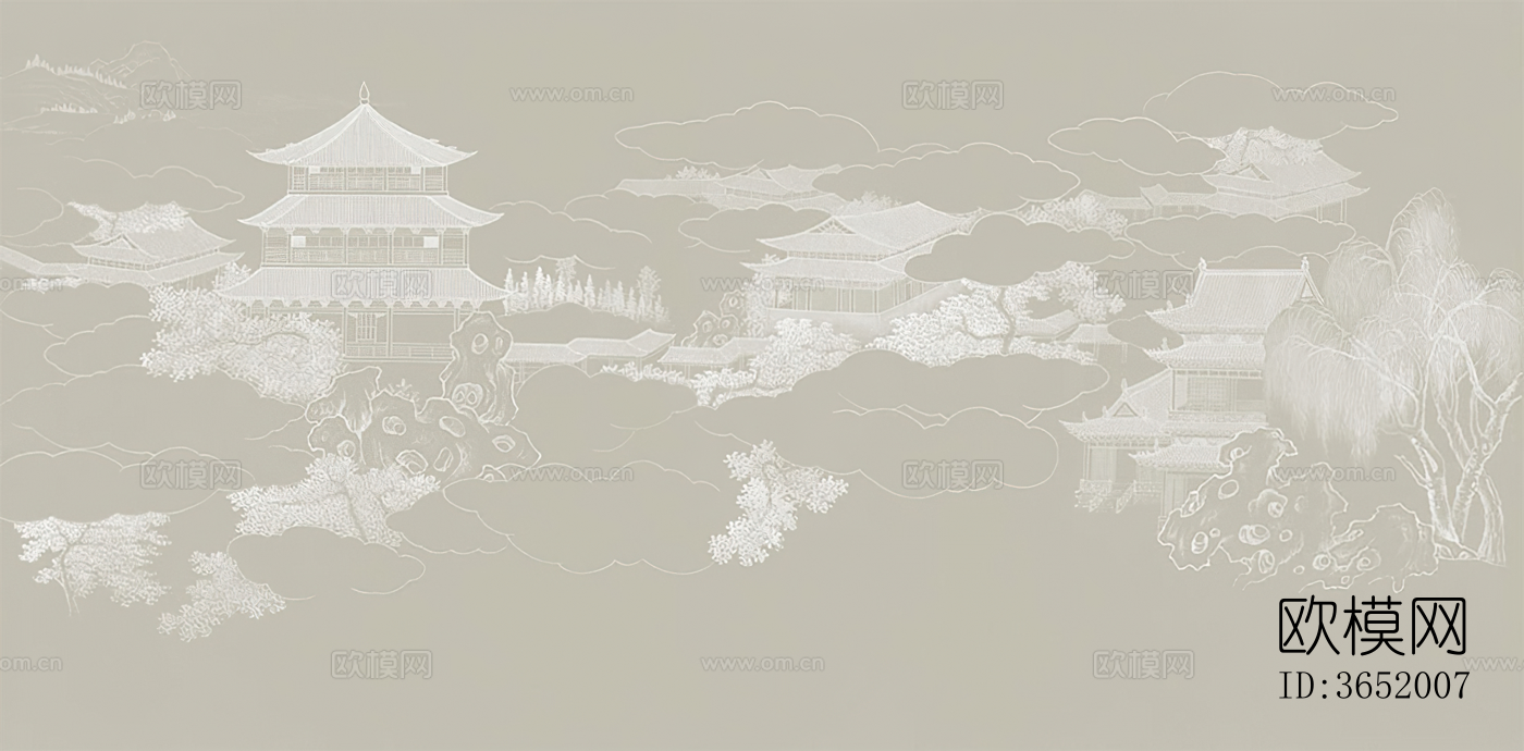 新中式山水云阁仙境阁楼壁画贴图下载