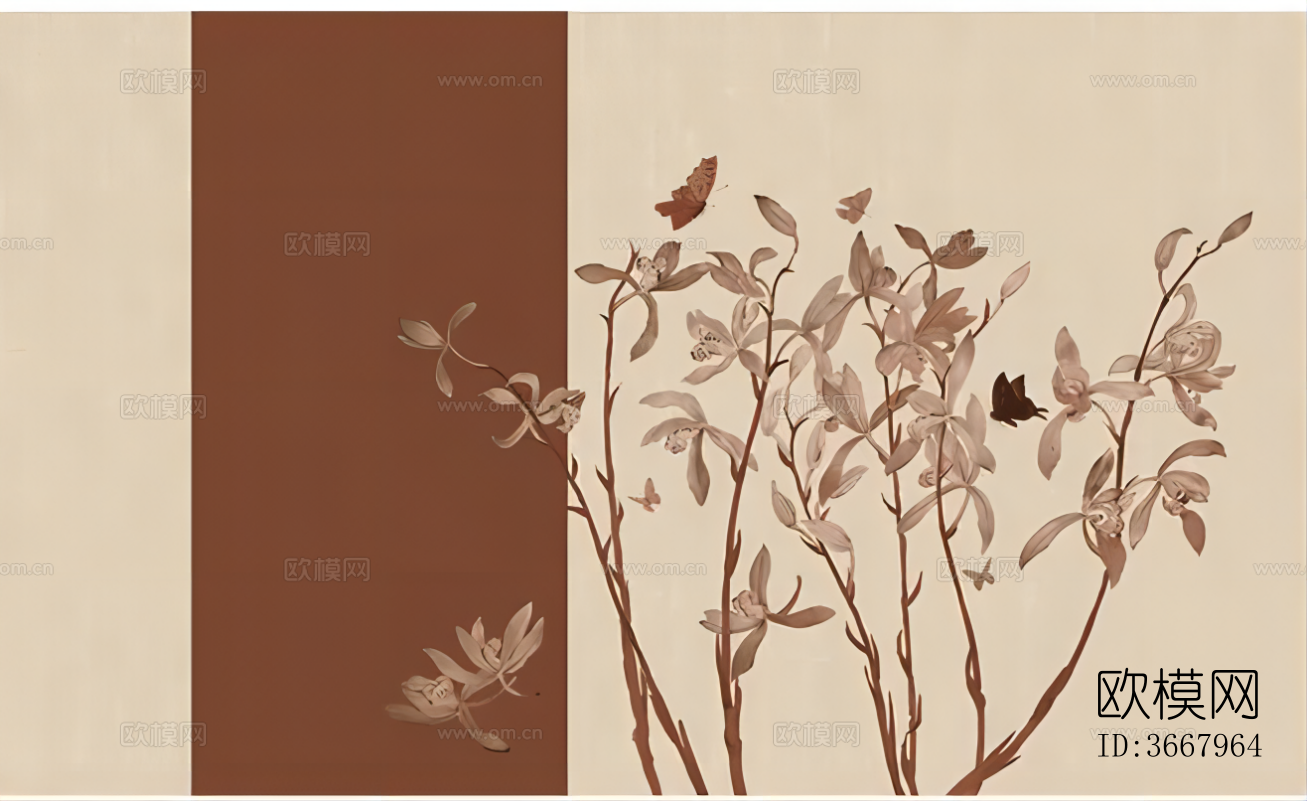 美良新中式花鸟写意壁画贴图下载