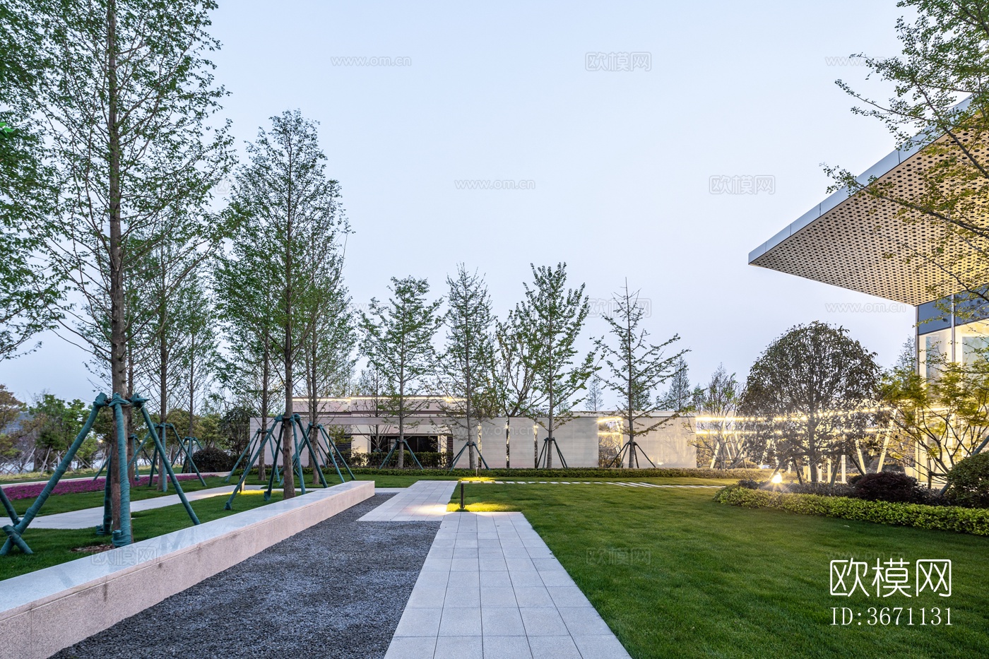 现代风格别墅外景 庭院景观外景 夕阳天空下载