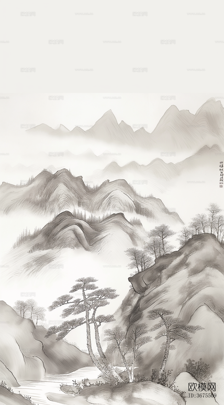 中式国画山水画卷壁纸下载