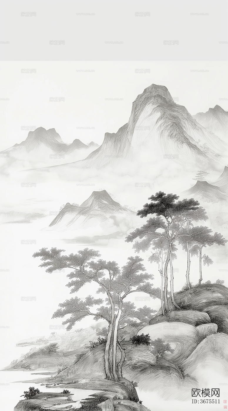 中式国画山水画卷壁纸下载