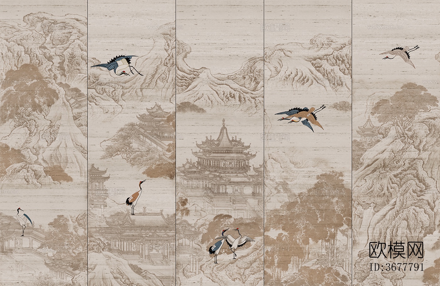 中式山水飞鹤壁画贴图