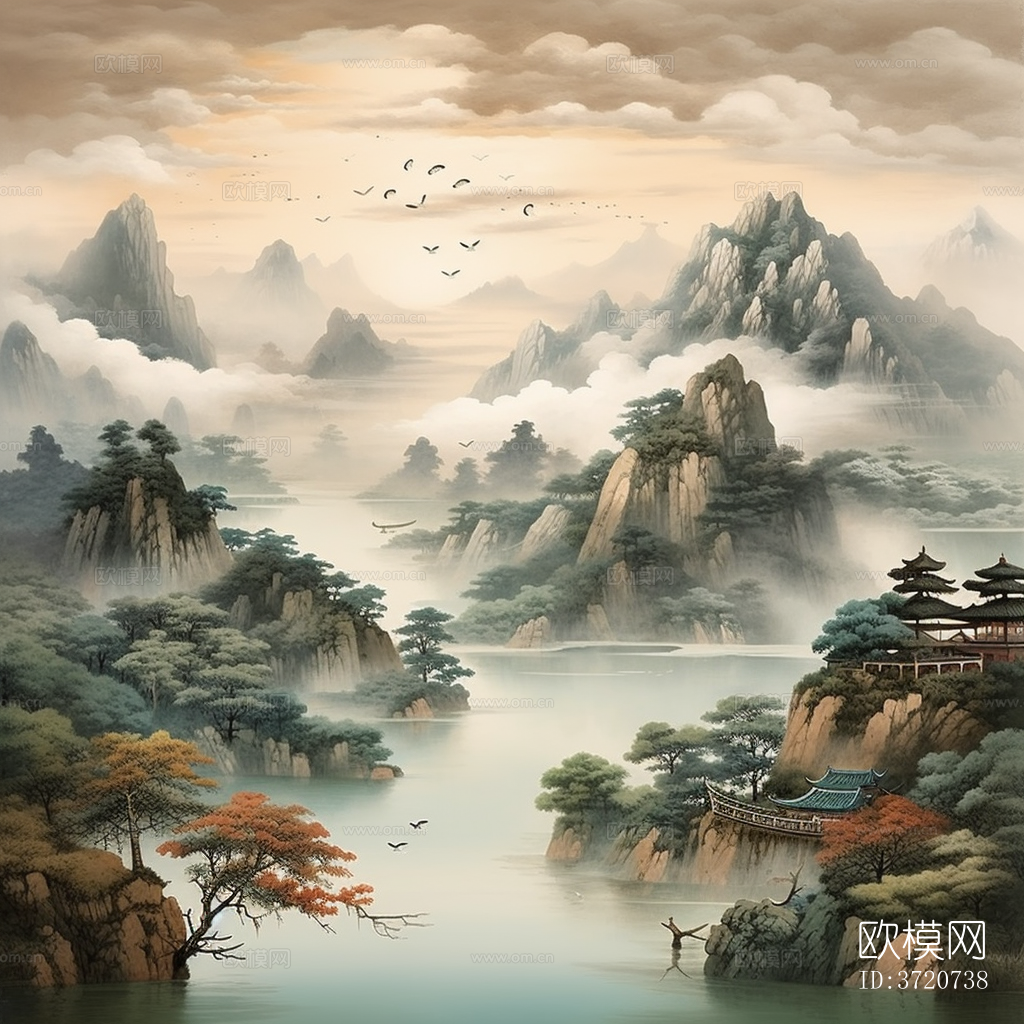 新中式山间风水禅意壁纸