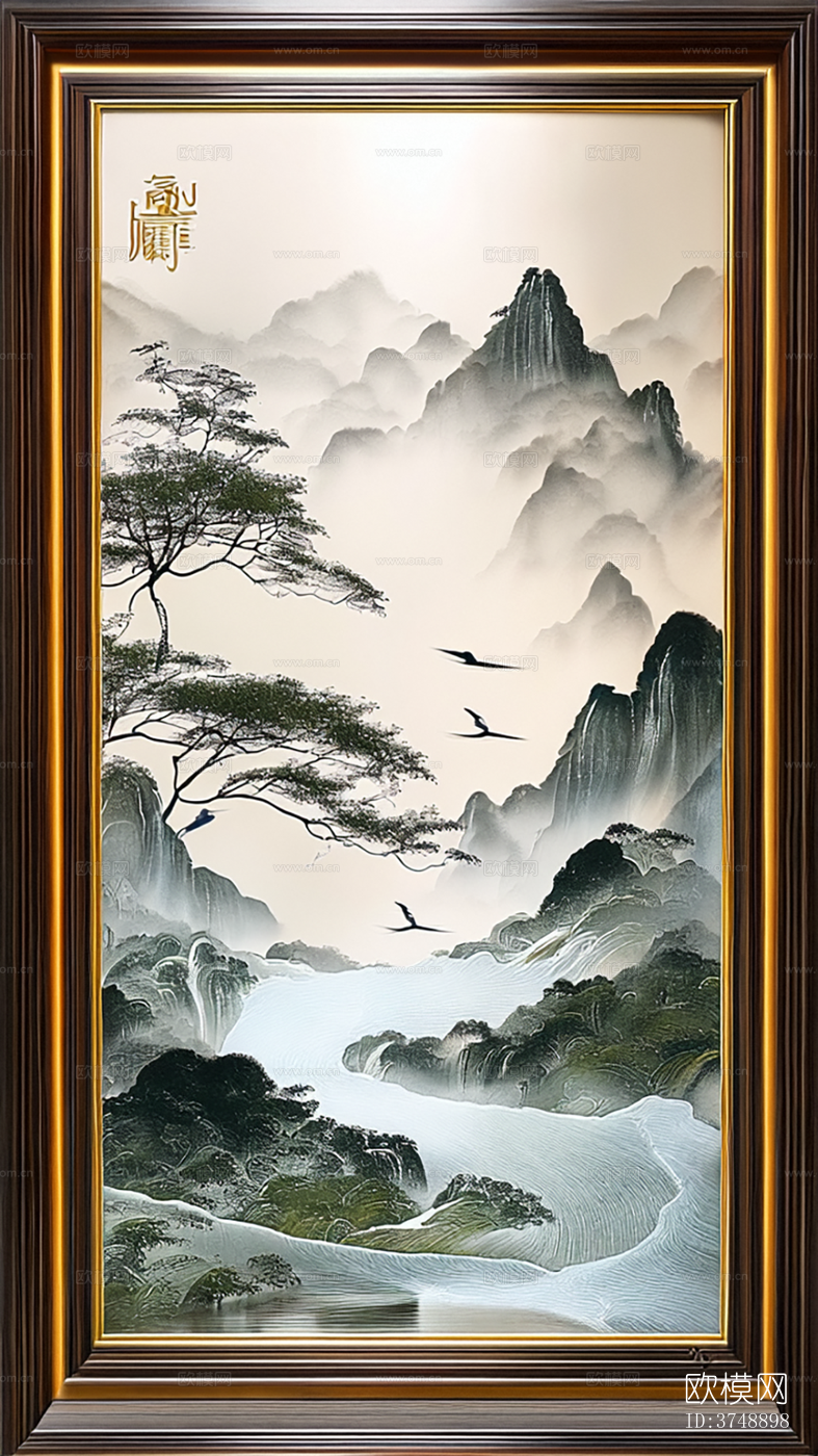 山水画贴图 山水画壁纸 飞鸟竹林壁画下载