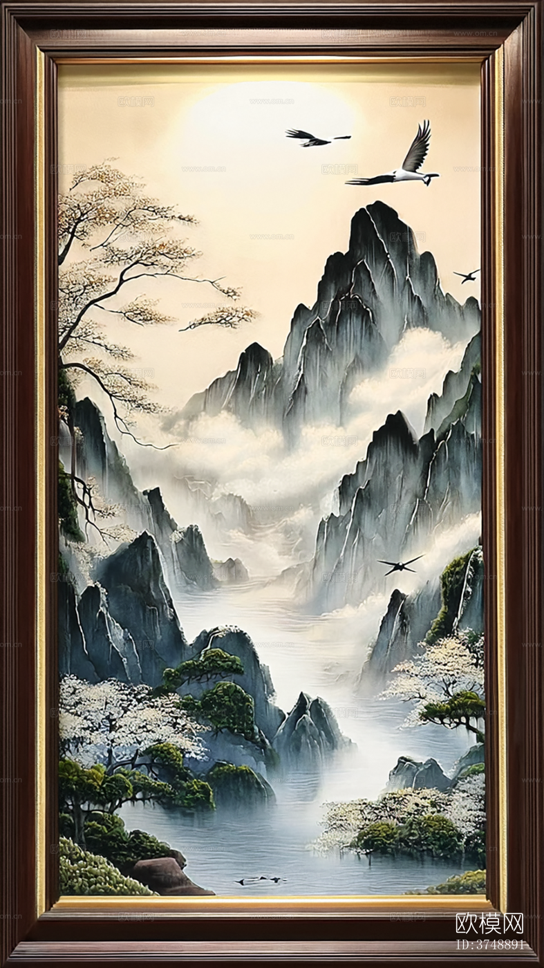 山水画贴图 山水画壁纸 飞鸟竹林壁画下载