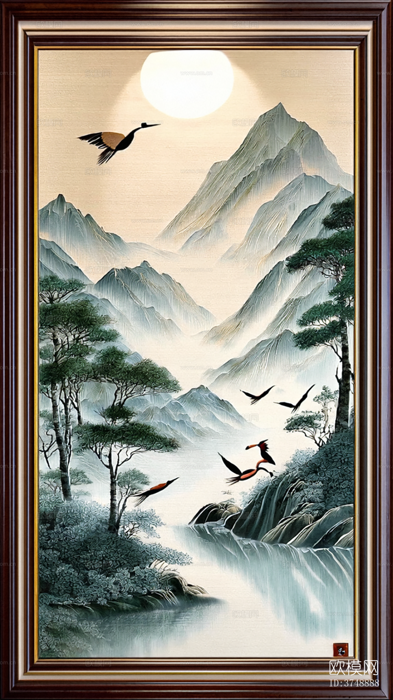 山水画贴图 山水画壁纸 飞鸟竹林壁画下载