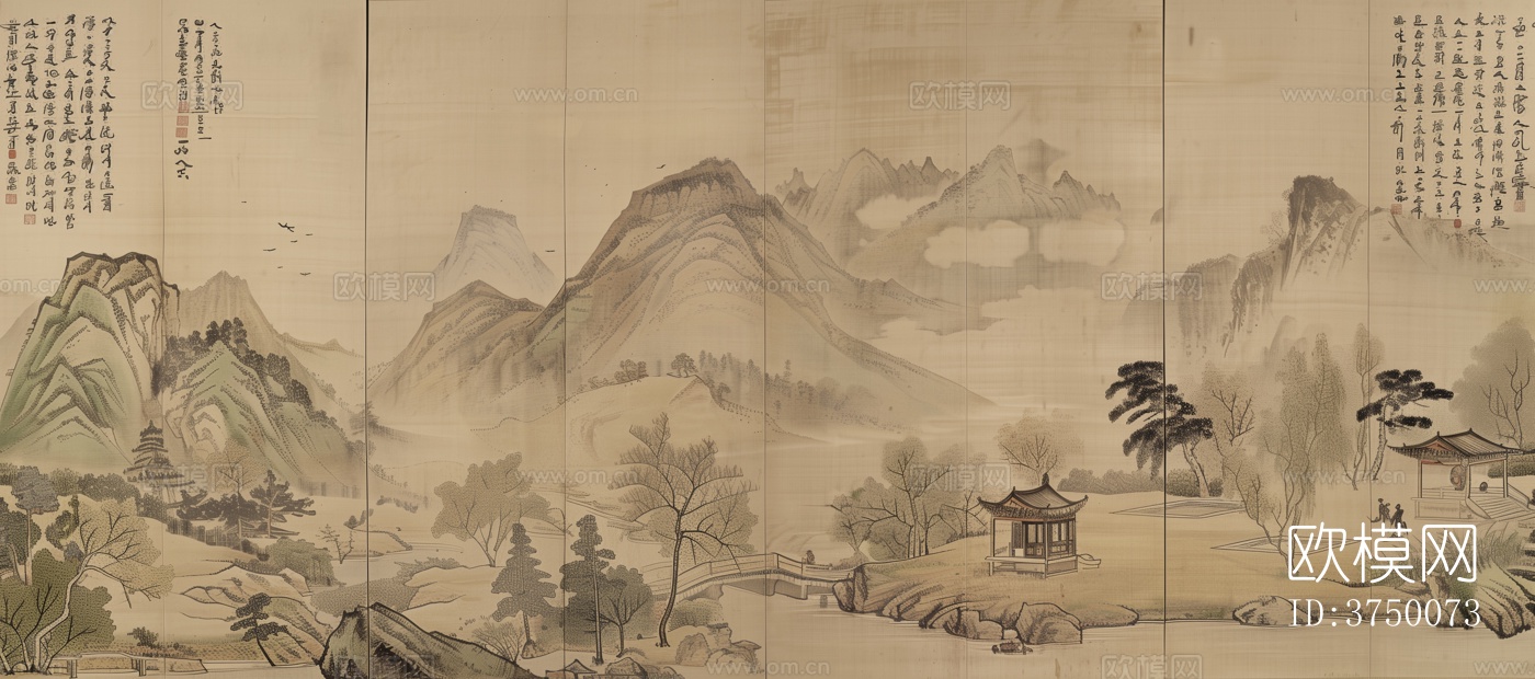中式山水壁画壁纸下载
