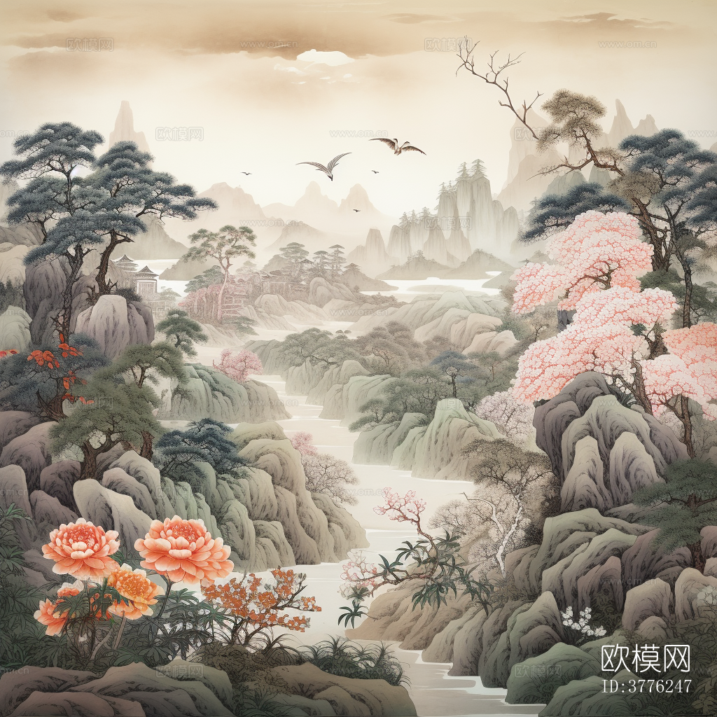 中式山间山水花草壁纸