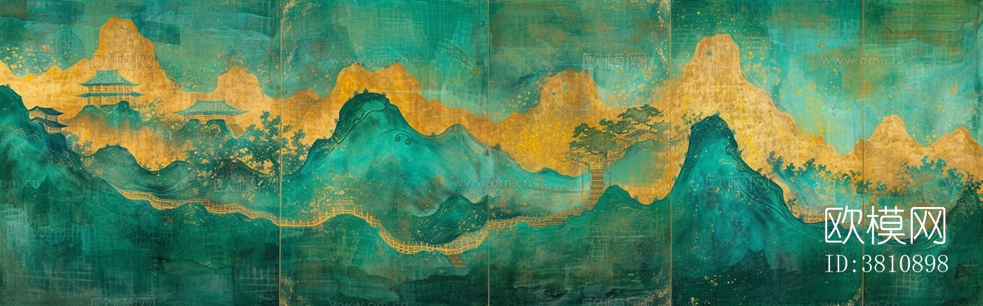 新中式金箔翠绿山峰壁画
