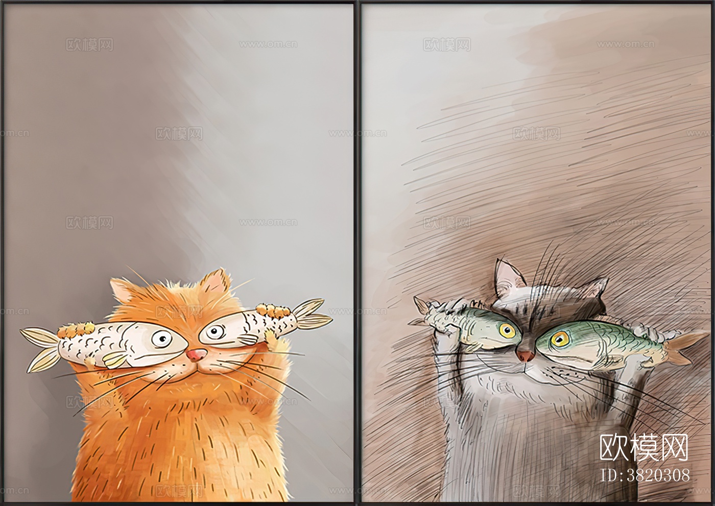 现代创意插画猫咪装饰画贴图下载