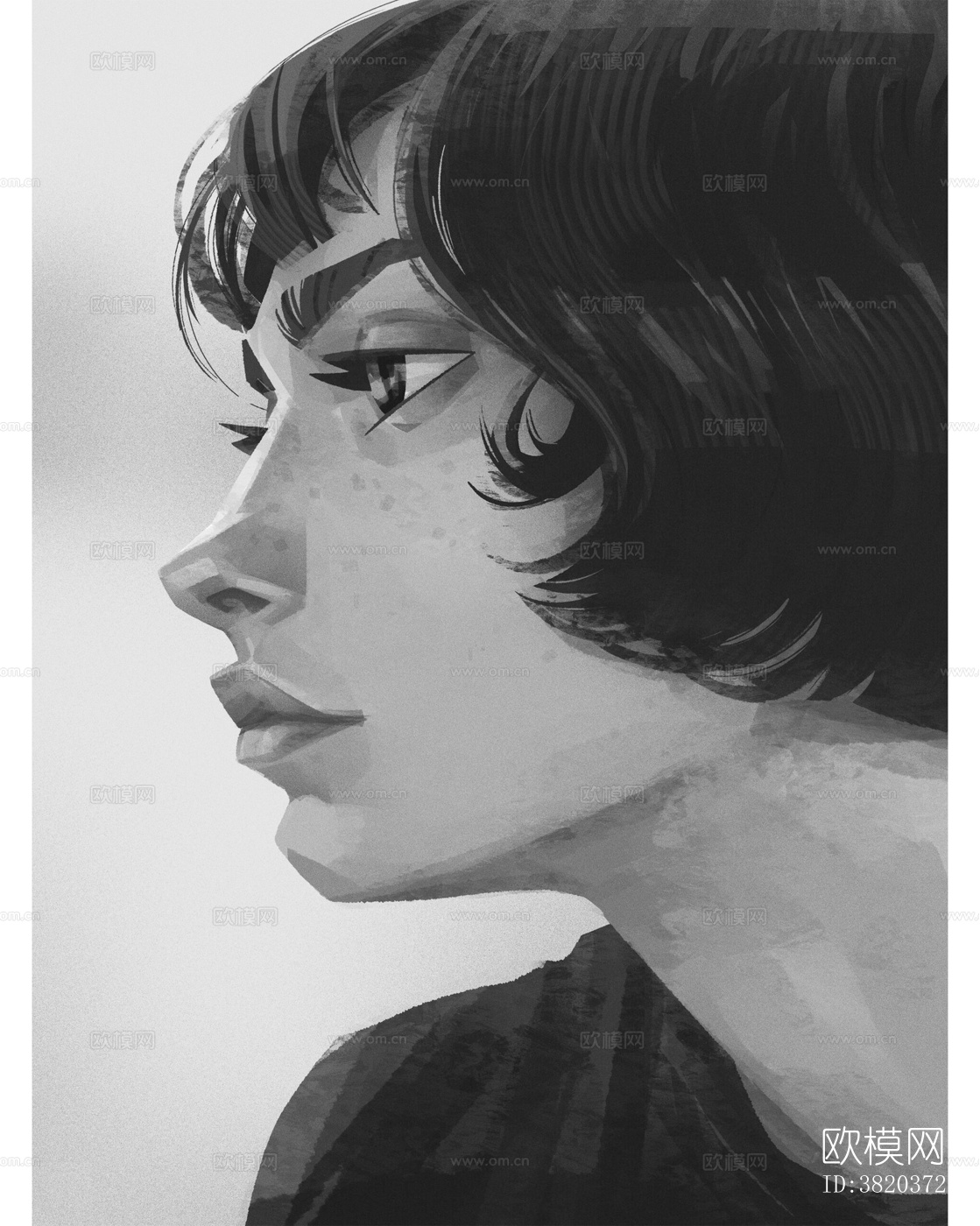 二次元人物黑白挂画装饰画贴图下载