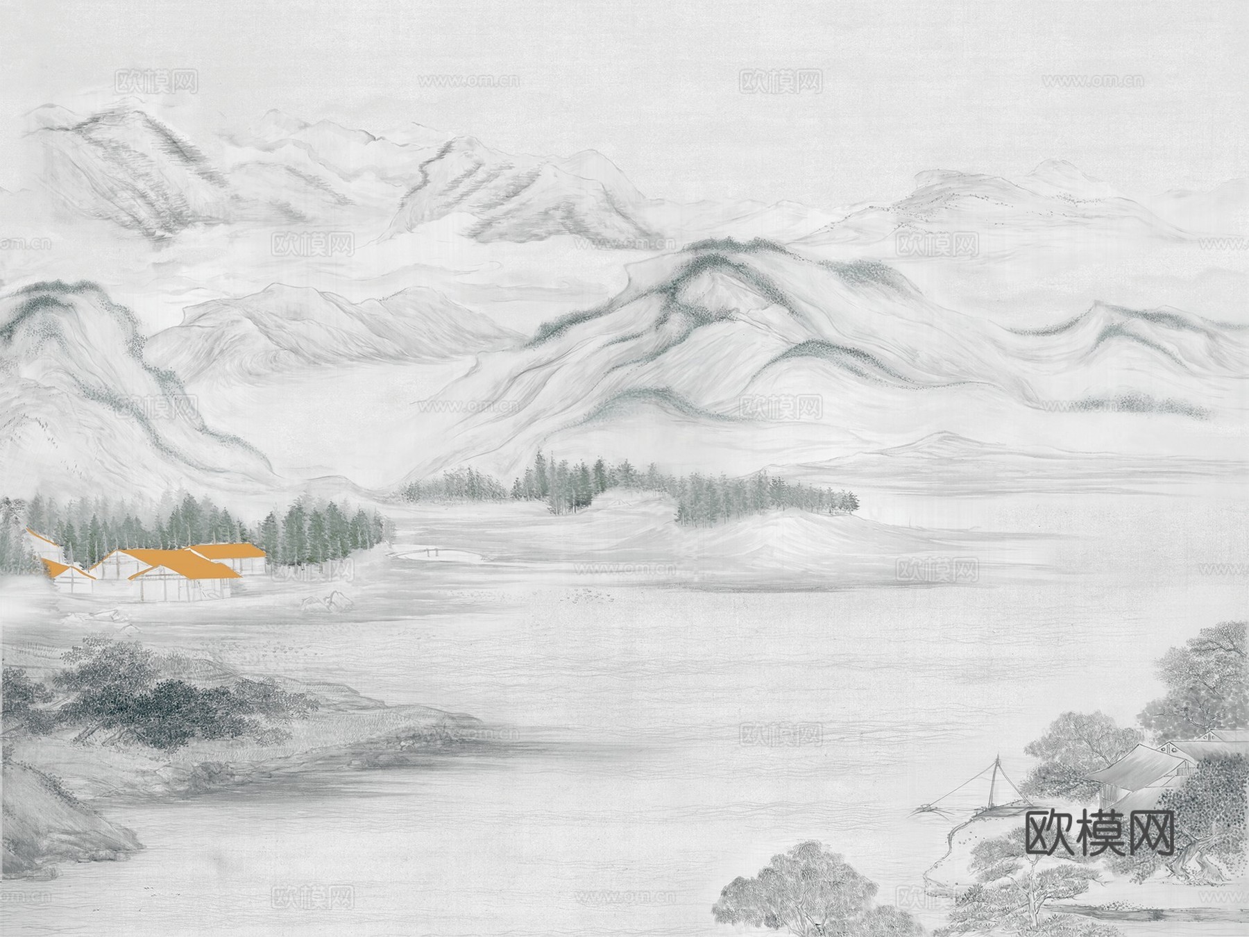 新中式山水壁纸  中式装饰画圆画 挂画下载