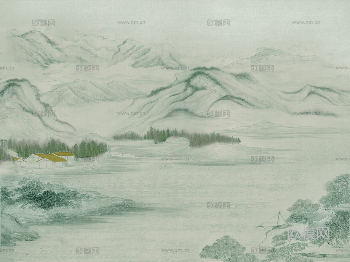 新中式山水壁纸  中式装饰画圆画 挂画下载