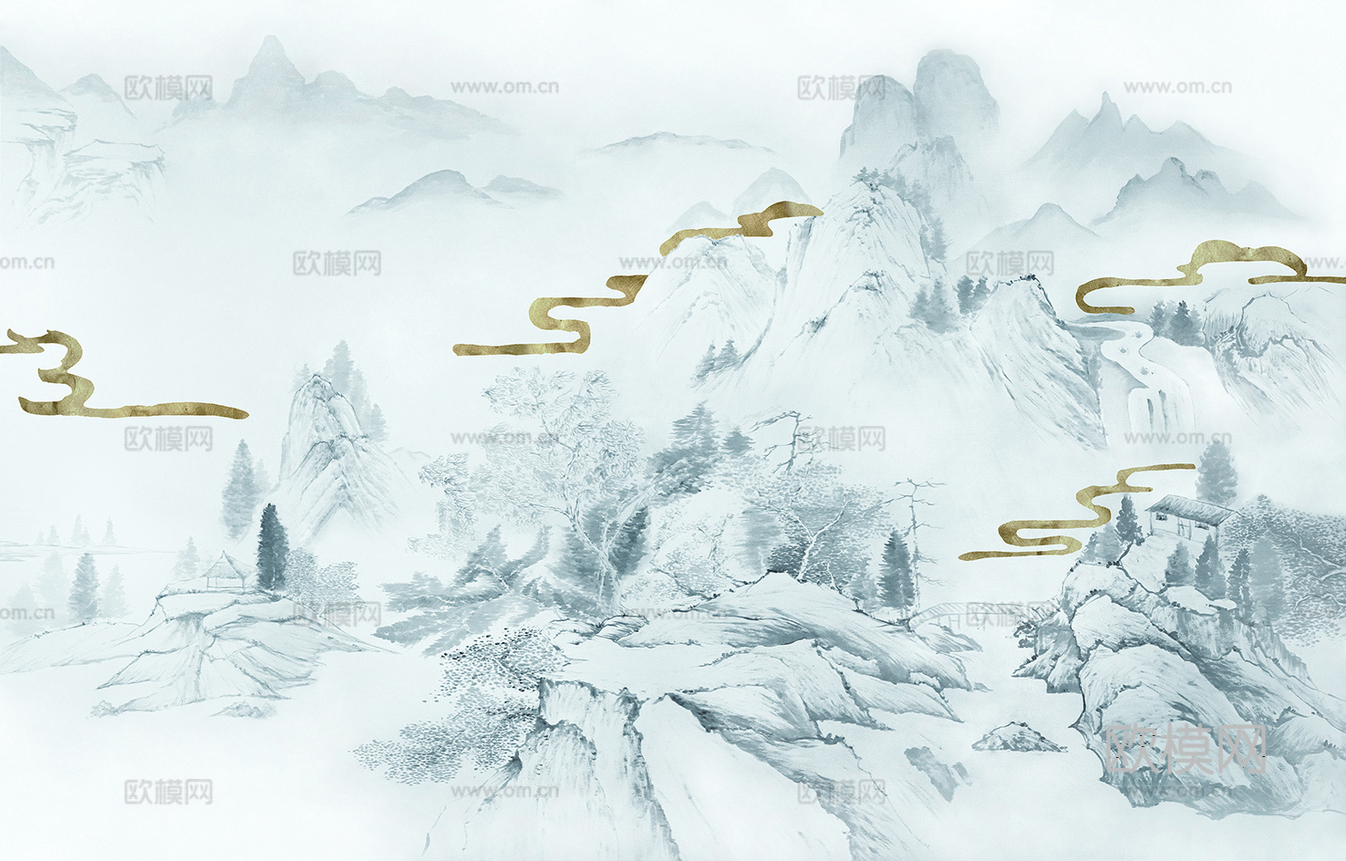 新中式山水壁纸  中式装饰画圆画 挂画下载