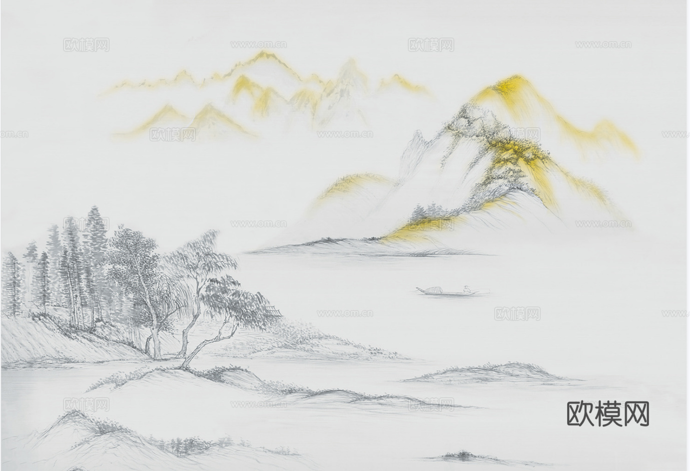 新中式山水壁纸  中式装饰画圆画 挂画下载